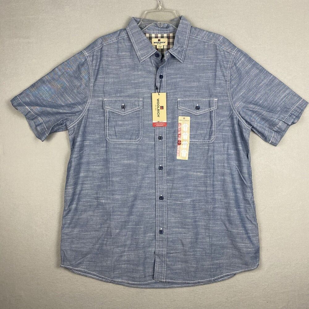 NEW Woolrich Size XL Mens Button Up Chambray Shirt Short Sleeve Blue Pockets